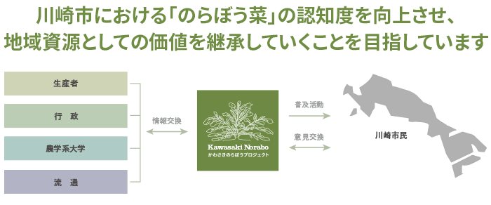 川崎市におけるのらぼう菜の認知度を向上させ、地域資源としての価値を継承していくことを目指しています